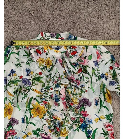 H&M Women Blouse Sz 8 Beige Floral Botanical Plumeti Chiffon Stand Up Collar - Picture 6 of 9